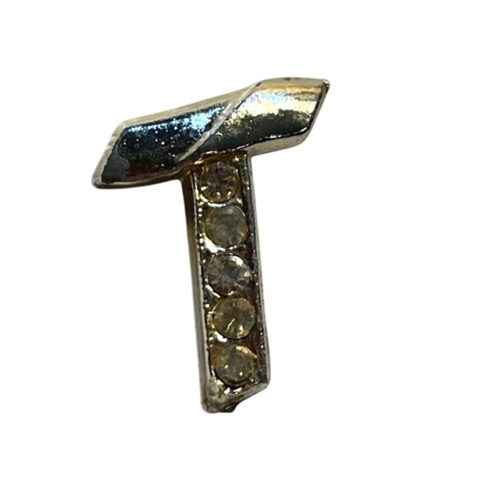 Vintage Silver Rhinestone T Shaped Brooch Art Deco Antique Letter Pin